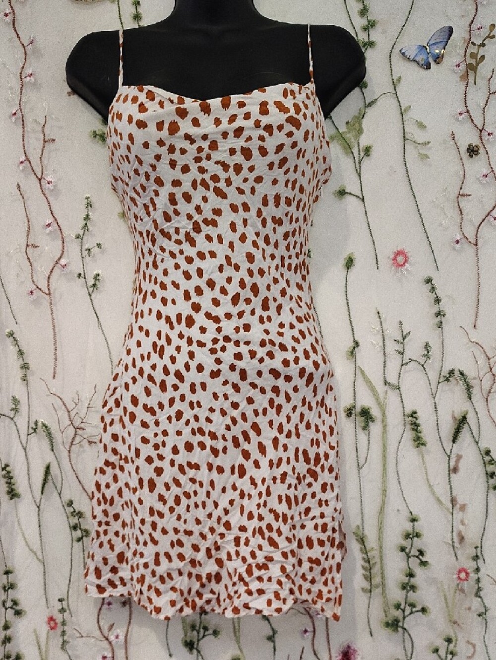 White & Rust Mini Slip Dress with Spaghetti Straps Adjustable W/Liner Feminine